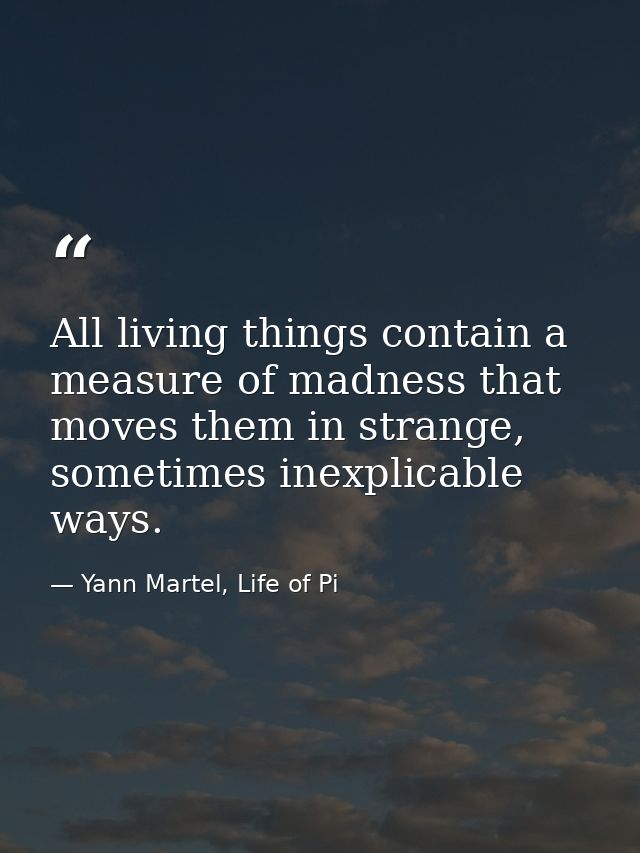 All living things contain a measure of madness that moves them in strange, sometimes inexplicable ways. — Yann Martel, Life of Pi