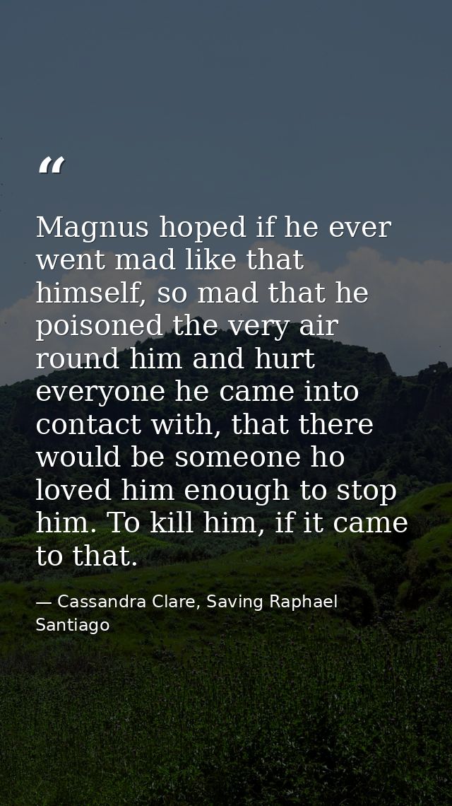 Magnus hoped if he ever went mad like that himself, so mad that he poisoned the very air round him and hurt everyone he  — Cassandra Clare, Saving Raphael Santiago