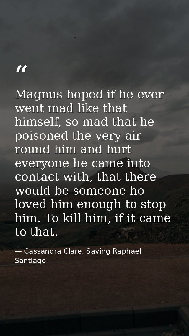 Magnus hoped if he ever went mad like that himself, so mad that he poisoned the very air round him and hurt everyone he  — Cassandra Clare, Saving Raphael Santiago