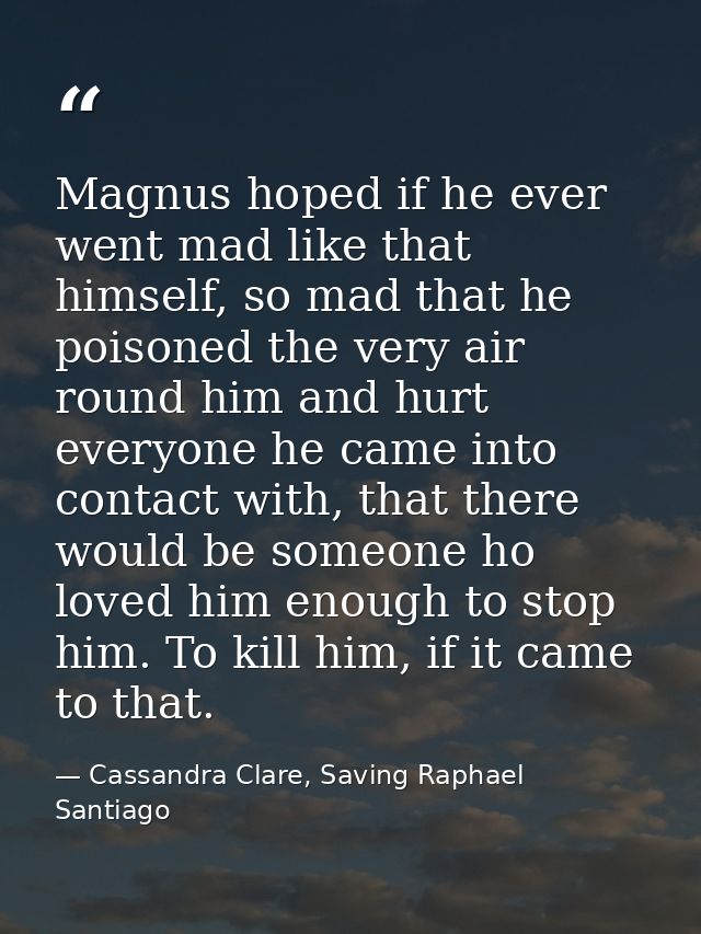 Magnus hoped if he ever went mad like that himself, so mad that he poisoned the very air round him and hurt everyone he  — Cassandra Clare, Saving Raphael Santiago