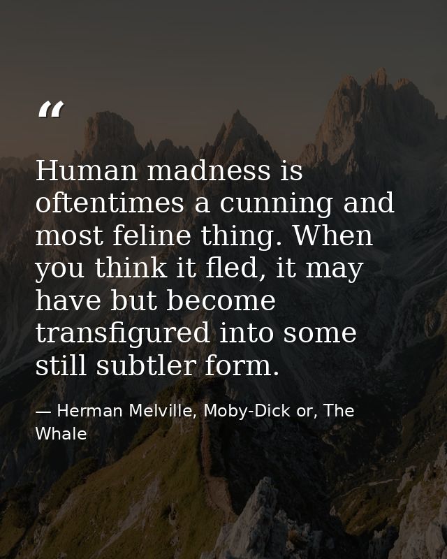Human madness is oftentimes a cunning and most feline thing. When you think it fled, it may have but become transfigured — Herman Melville, Moby-Dick or, The Whale
