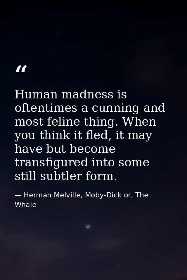 Human madness is oftentimes a cunning and most feline thing. When you think it fled, it may have but become transfigured — Herman Melville, Moby-Dick or, The Whale