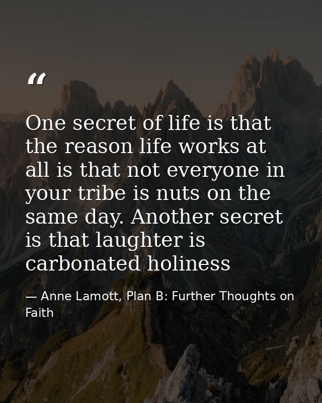 One secret of life is that the reason life works at all is that not everyone in your tribe is nuts on the same day. Anot — Anne Lamott, Plan B: Further Thoughts on Faith