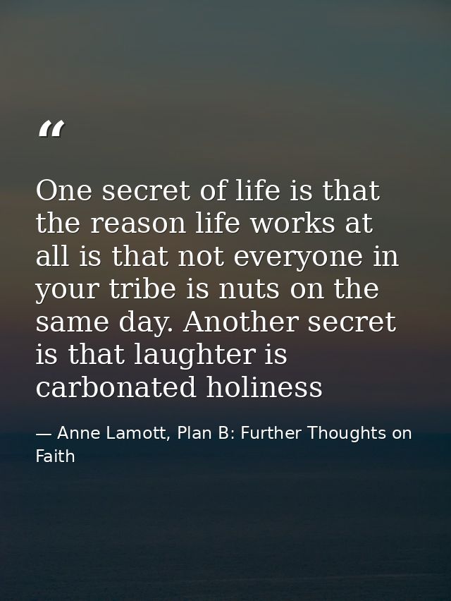 One secret of life is that the reason life works at all is that not everyone in your tribe is nuts on the same day. Anot — Anne Lamott, Plan B: Further Thoughts on Faith