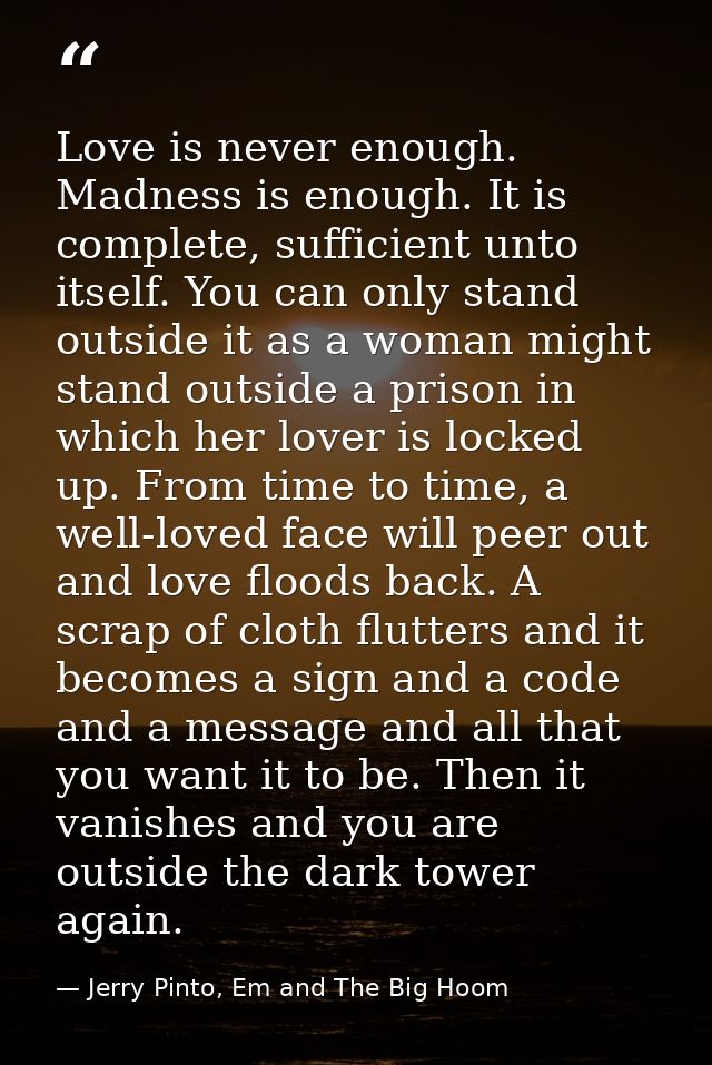 Love is never enough. Madness is enough. It is complete, sufficient unto itself. You can only stand outside it as a woma — Jerry Pinto, Em and The Big Hoom
