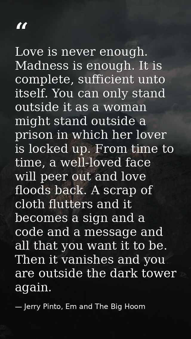 Love is never enough. Madness is enough. It is complete, sufficient unto itself. You can only stand outside it as a woma — Jerry Pinto, Em and The Big Hoom