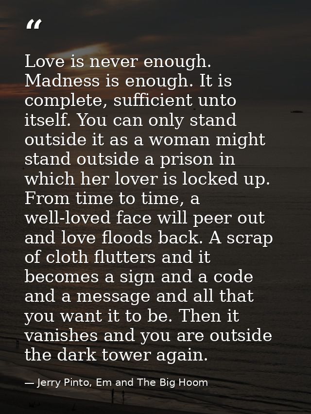 Love is never enough. Madness is enough. It is complete, sufficient unto itself. You can only stand outside it as a woma — Jerry Pinto, Em and The Big Hoom