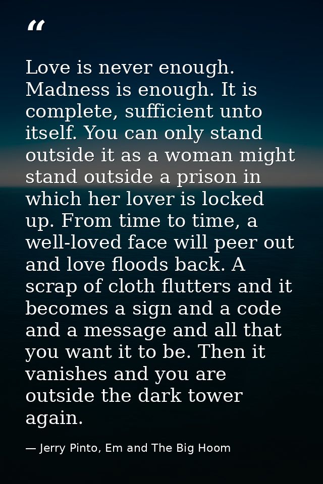 Love is never enough. Madness is enough. It is complete, sufficient unto itself. You can only stand outside it as a woma — Jerry Pinto, Em and The Big Hoom
