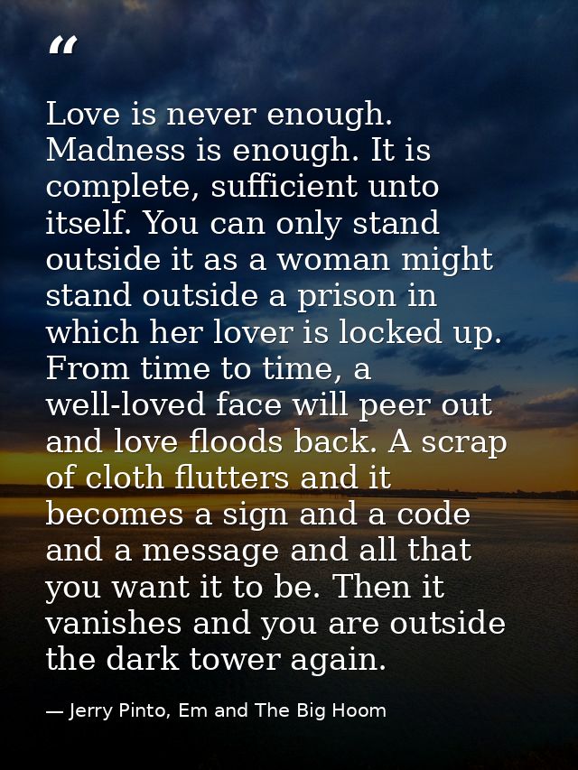 Love is never enough. Madness is enough. It is complete, sufficient unto itself. You can only stand outside it as a woma — Jerry Pinto, Em and The Big Hoom