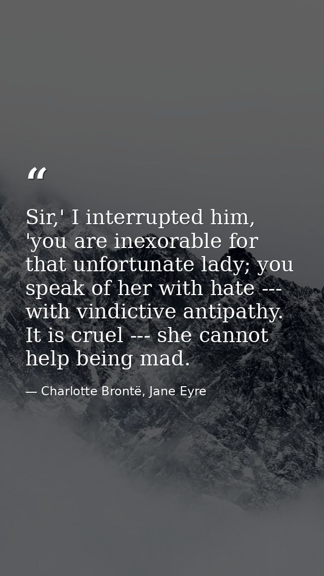 Sir,' I interrupted him, 'you are inexorable for that unfortunate lady; you speak of her with hate --- with vindictive a — Charlotte Brontë, Jane Eyre