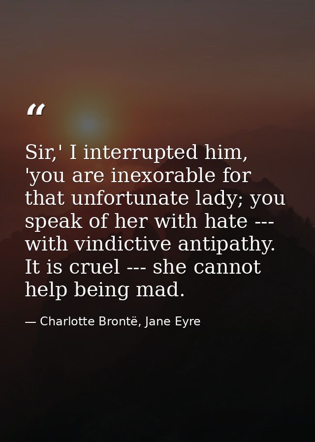 Sir,' I interrupted him, 'you are inexorable for that unfortunate lady; you speak of her with hate --- with vindictive a — Charlotte Brontë, Jane Eyre