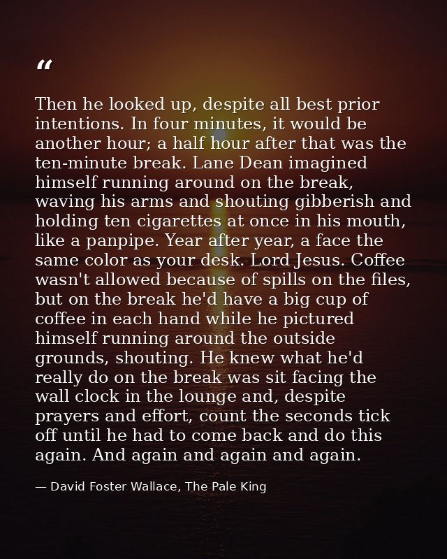 Then he looked up, despite all best prior intentions. In four minutes, it would be another hour; a half hour after that  — David Foster Wallace, The Pale King