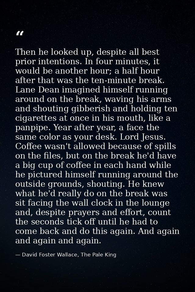 Then he looked up, despite all best prior intentions. In four minutes, it would be another hour; a half hour after that  — David Foster Wallace, The Pale King