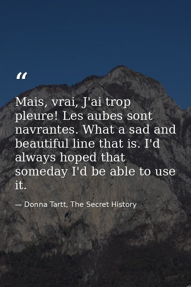 Mais, vrai, J'ai trop pleure! Les aubes sont navrantes. What a sad and beautiful line that is. I'd always hoped that som — Donna Tartt, The Secret History