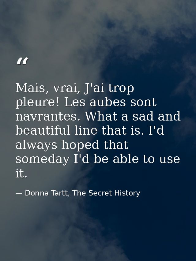 Mais, vrai, J'ai trop pleure! Les aubes sont navrantes. What a sad and beautiful line that is. I'd always hoped that som — Donna Tartt, The Secret History