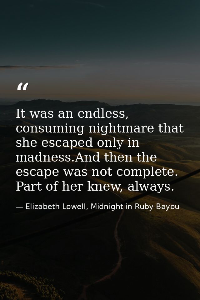 It was an endless, consuming nightmare that she escaped only in madness.And then the escape was not complete. Part of he — Elizabeth Lowell, Midnight in Ruby Bayou