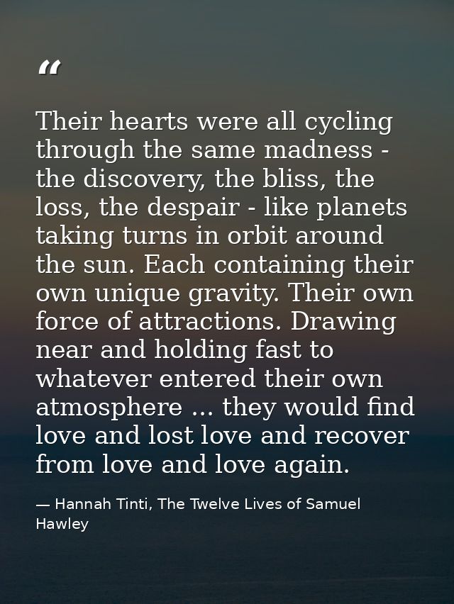 Their hearts were all cycling through the same madness - the discovery, the bliss, the loss, the despair - like planets  — Hannah Tinti, The Twelve Lives of Samuel Hawley