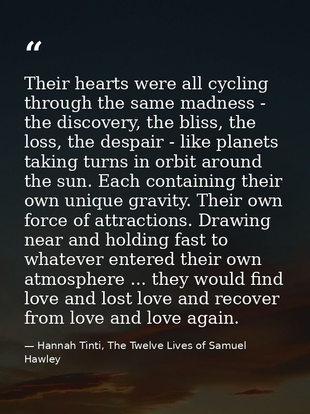 Their hearts were all cycling through the same madness - the discovery, the bliss, the loss, the despair - like planets  — Hannah Tinti, The Twelve Lives of Samuel Hawley