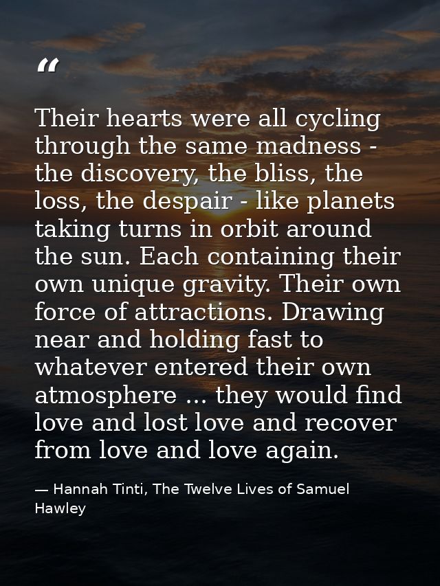 Their hearts were all cycling through the same madness - the discovery, the bliss, the loss, the despair - like planets  — Hannah Tinti, The Twelve Lives of Samuel Hawley
