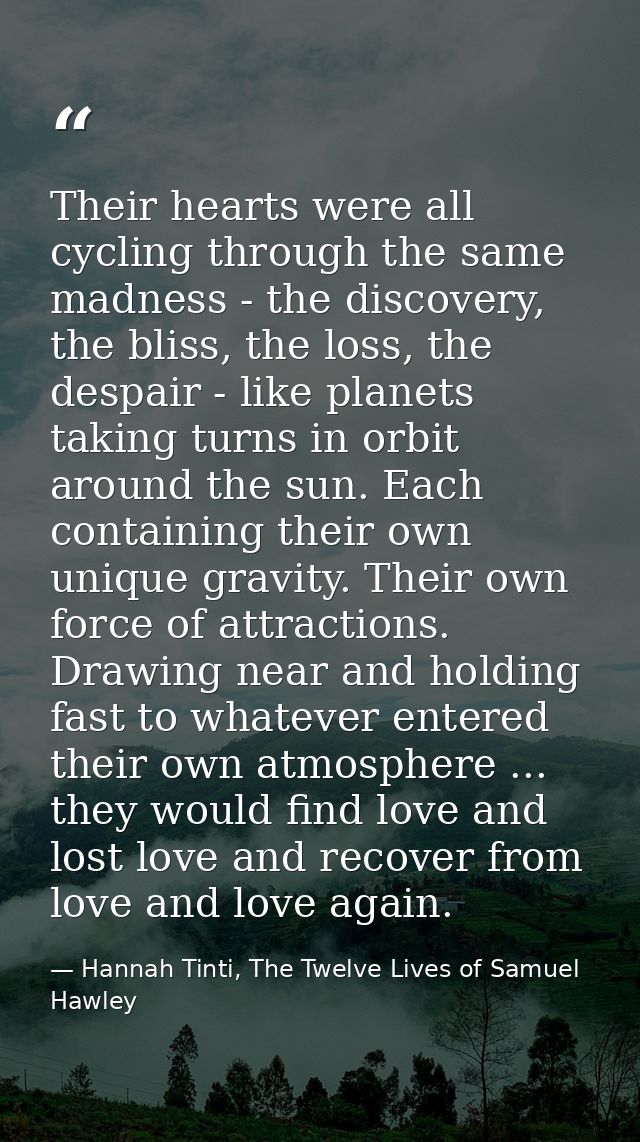 Their hearts were all cycling through the same madness - the discovery, the bliss, the loss, the despair - like planets  — Hannah Tinti, The Twelve Lives of Samuel Hawley