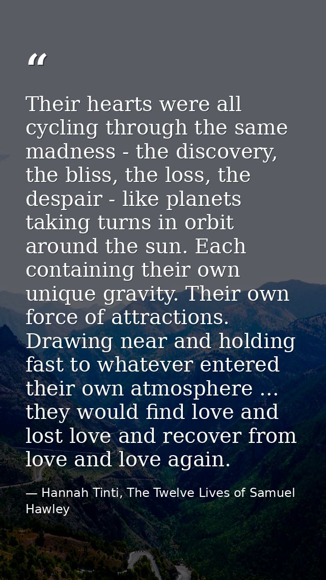 Their hearts were all cycling through the same madness - the discovery, the bliss, the loss, the despair - like planets  — Hannah Tinti, The Twelve Lives of Samuel Hawley