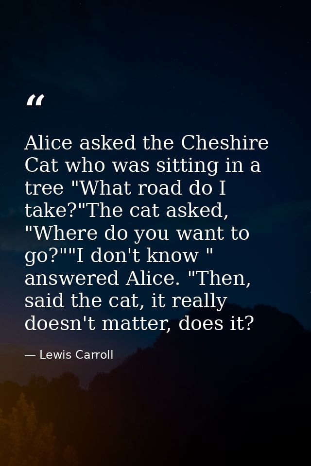 Alice asked the Cheshire Cat who was sitting in a tree "What road do I take?"The cat asked, "Where do you want to go?""I — Lewis Carroll