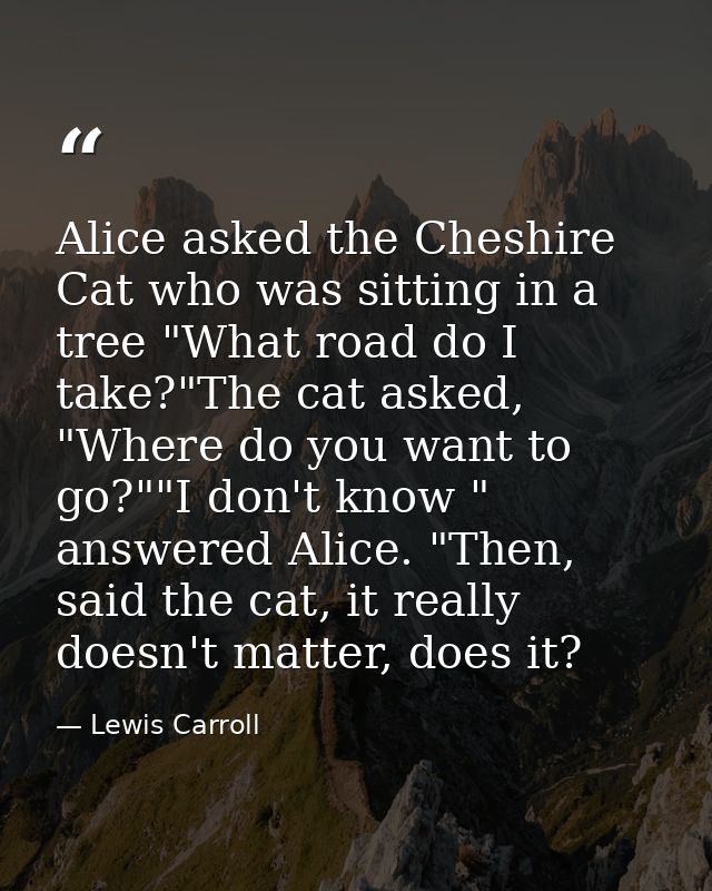 Alice asked the Cheshire Cat who was sitting in a tree "What road do I take?"The cat asked, "Where do you want to go?""I — Lewis Carroll