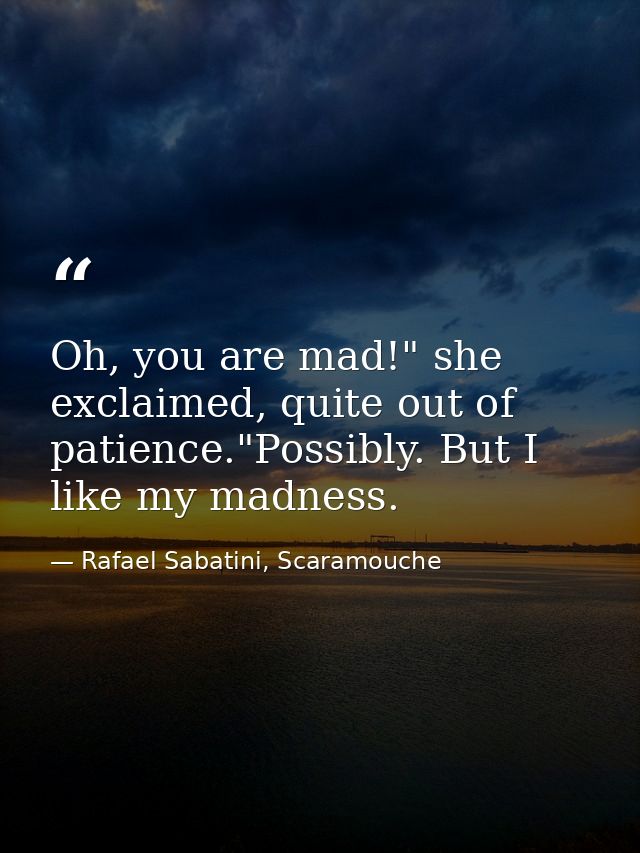 Oh, you are mad!" she exclaimed, quite out of patience."Possibly. But I like my madness. — Rafael Sabatini, Scaramouche