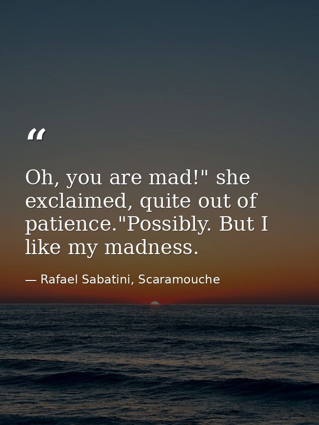 Oh, you are mad!" she exclaimed, quite out of patience."Possibly. But I like my madness. — Rafael Sabatini, Scaramouche