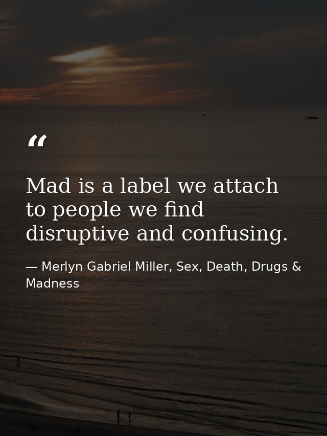 Mad is a label we attach to people we find disruptive and confusing. — Merlyn Gabriel Miller, Sex, Death, Drugs & Madness