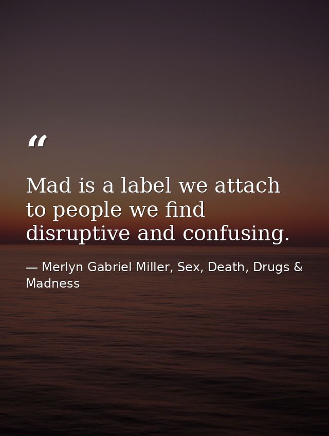 Mad is a label we attach to people we find disruptive and confusing. — Merlyn Gabriel Miller, Sex, Death, Drugs & Madness