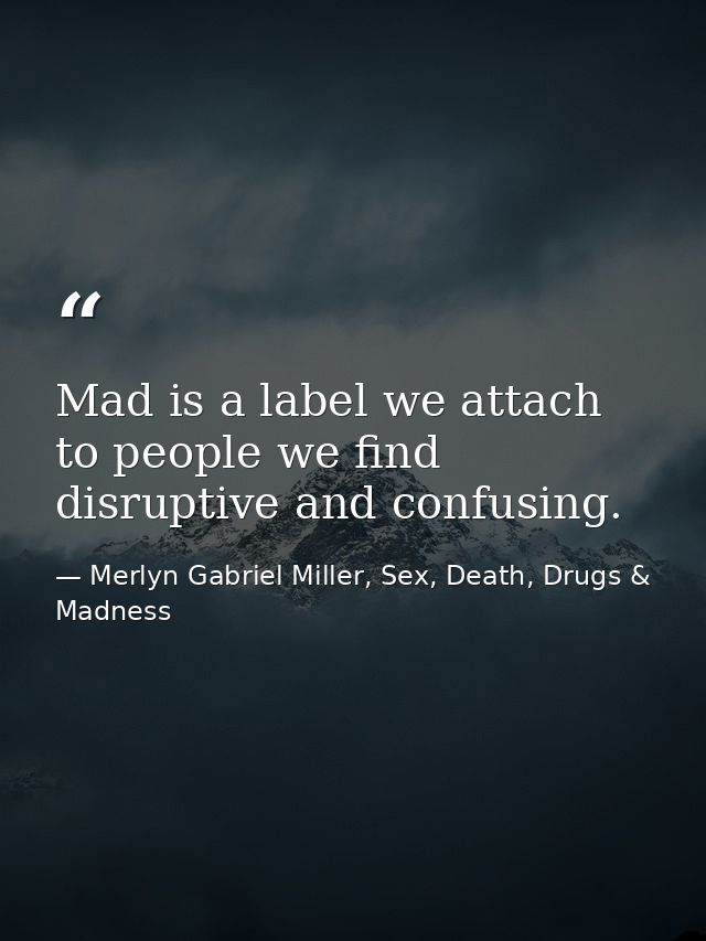Mad is a label we attach to people we find disruptive and confusing. — Merlyn Gabriel Miller, Sex, Death, Drugs & Madness