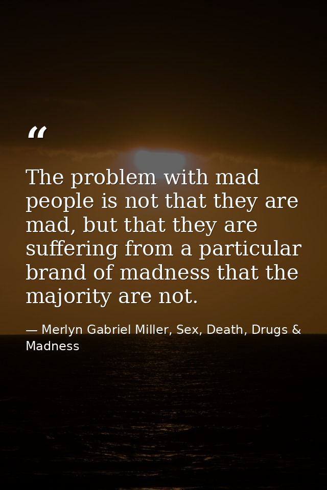 The problem with mad people is not that they are mad, but that they are suffering from a particular brand of madness tha — Merlyn Gabriel Miller, Sex, Death, Drugs & Madness