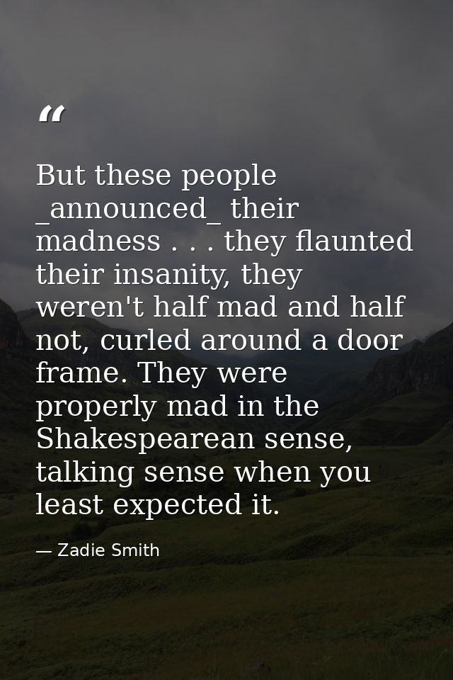 But these people _announced_ their madness . . . they flaunted their insanity, they weren't half mad and half not, curle — Zadie Smith