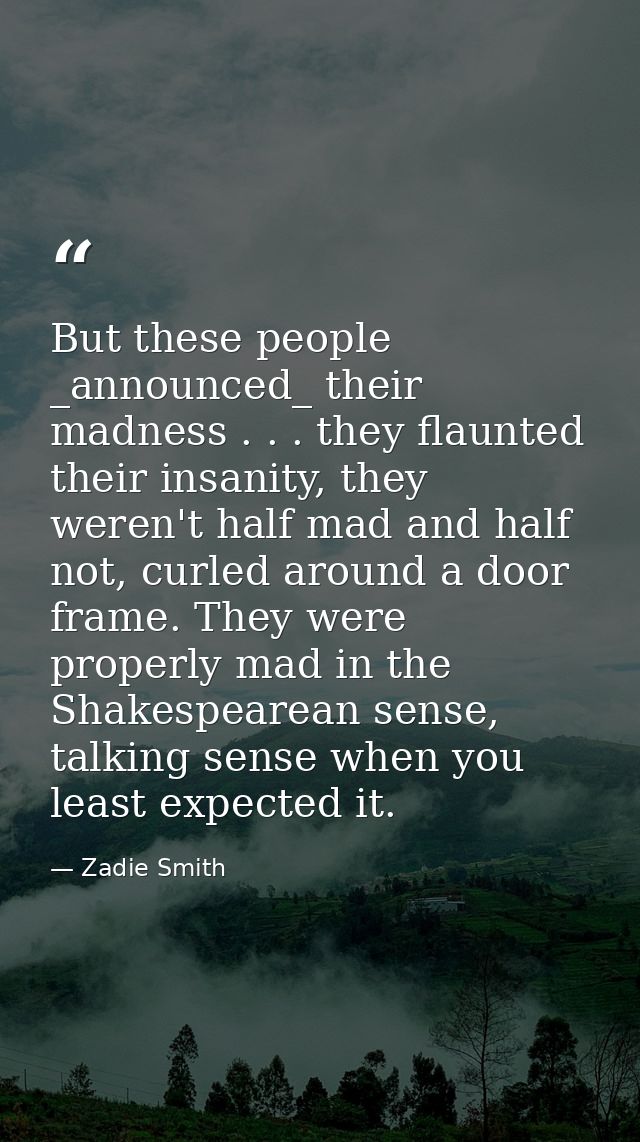 But these people _announced_ their madness . . . they flaunted their insanity, they weren't half mad and half not, curle — Zadie Smith