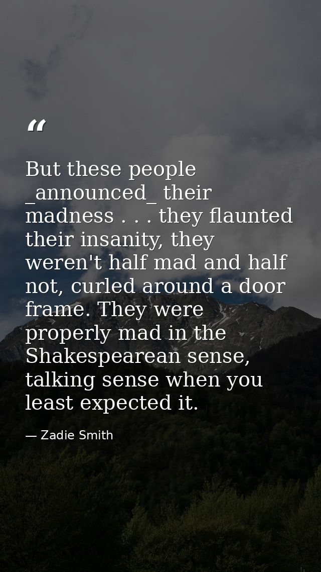 But these people _announced_ their madness . . . they flaunted their insanity, they weren't half mad and half not, curle — Zadie Smith