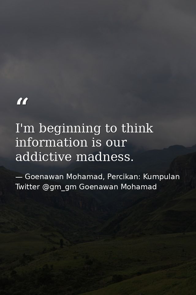 I'm beginning to think information is our addictive madness. — Goenawan Mohamad, Percikan: Kumpulan Twitter @gm_gm Goenawan Mohamad