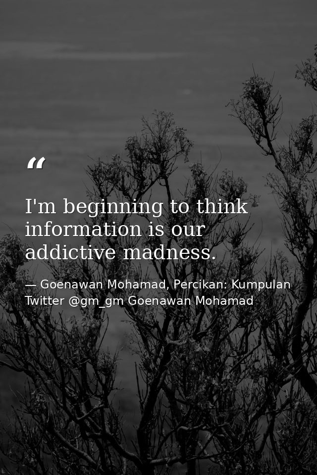 I'm beginning to think information is our addictive madness. — Goenawan Mohamad, Percikan: Kumpulan Twitter @gm_gm Goenawan Mohamad