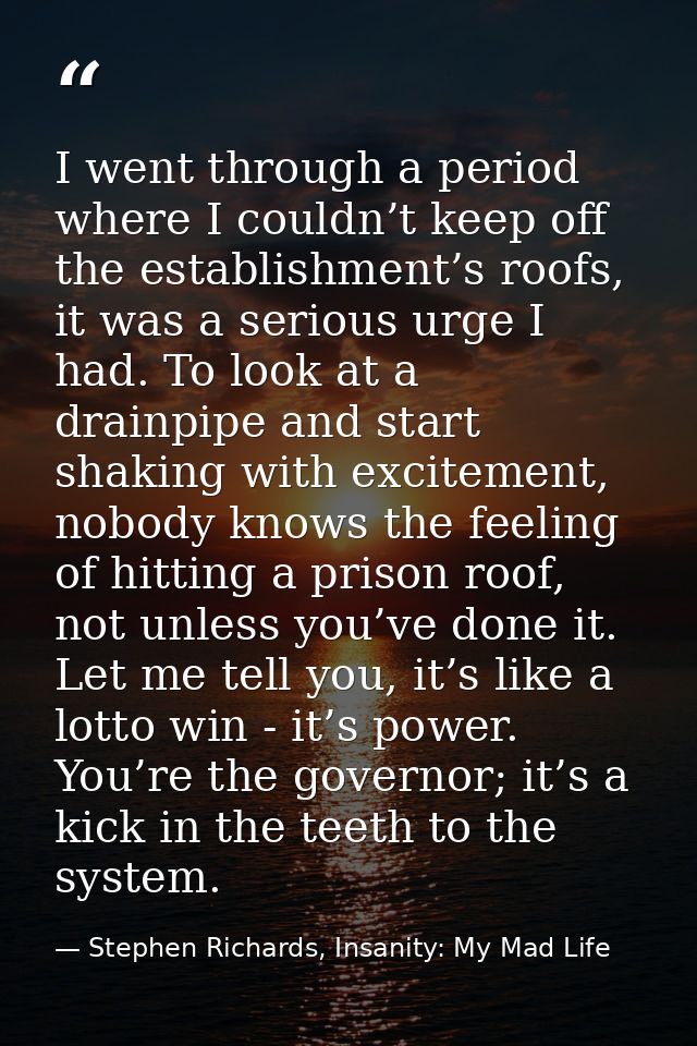 I went through a period where I couldn’t keep off the establishment’s roofs, it was a serious urge I had. To look at a d — Stephen Richards, Insanity: My Mad Life