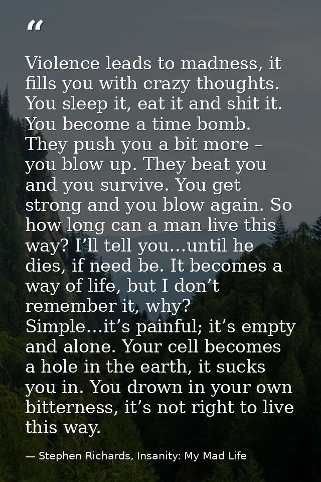 Violence leads to madness, it fills you with crazy thoughts. You sleep it, eat it and shit it. You become a time bomb. T — Stephen Richards, Insanity: My Mad Life