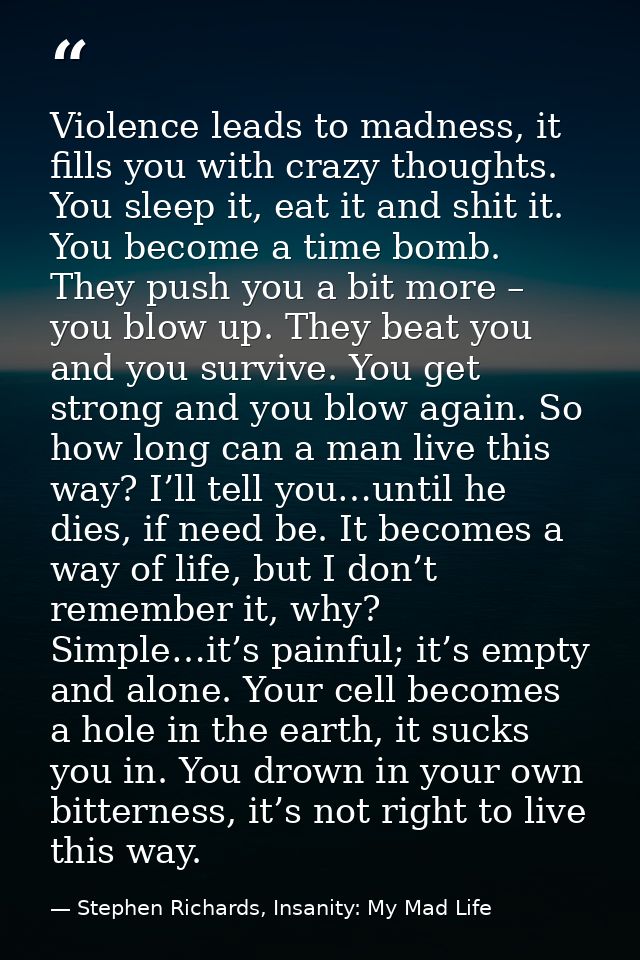 Violence leads to madness, it fills you with crazy thoughts. You sleep it, eat it and shit it. You become a time bomb. T — Stephen Richards, Insanity: My Mad Life