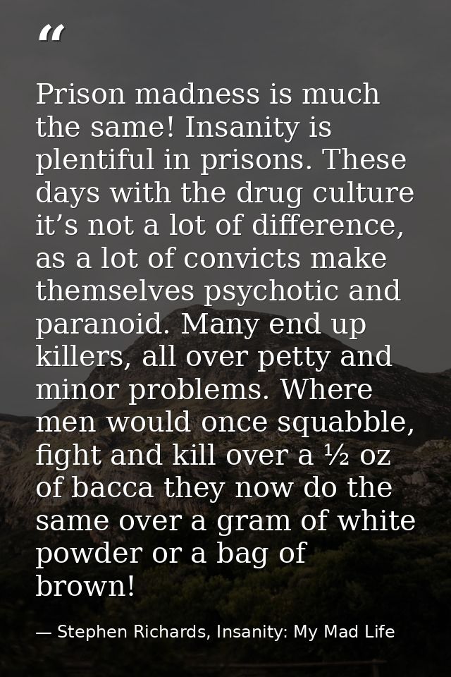Prison madness is much the same! Insanity is plentiful in prisons. These days with the drug culture it’s not a lot of di — Stephen Richards, Insanity: My Mad Life