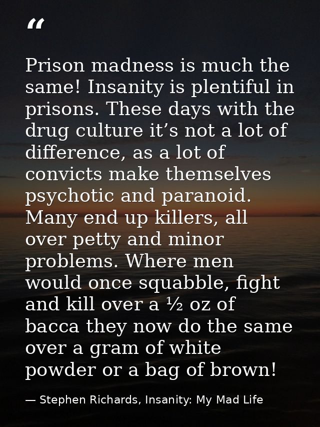 Prison madness is much the same! Insanity is plentiful in prisons. These days with the drug culture it’s not a lot of di — Stephen Richards, Insanity: My Mad Life