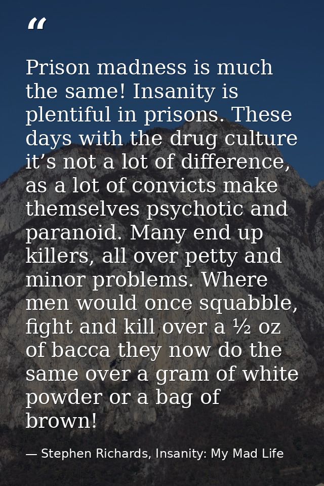 Prison madness is much the same! Insanity is plentiful in prisons. These days with the drug culture it’s not a lot of di — Stephen Richards, Insanity: My Mad Life