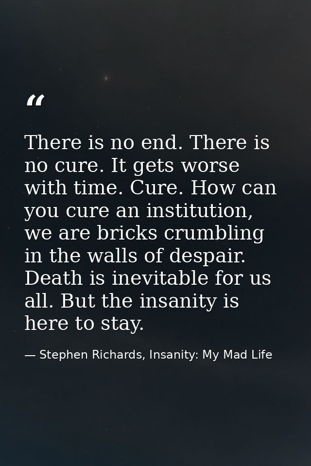 There is no end. There is no cure. It gets worse with time. Cure. How can you cure an institution, we are bricks crumbli — Stephen Richards, Insanity: My Mad Life