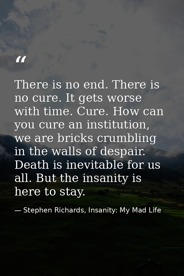 There is no end. There is no cure. It gets worse with time. Cure. How can you cure an institution, we are bricks crumbli — Stephen Richards, Insanity: My Mad Life