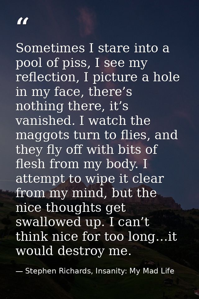 Sometimes I stare into a pool of piss, I see my reflection, I picture a hole in my face, there’s nothing there, it’s van — Stephen Richards, Insanity: My Mad Life