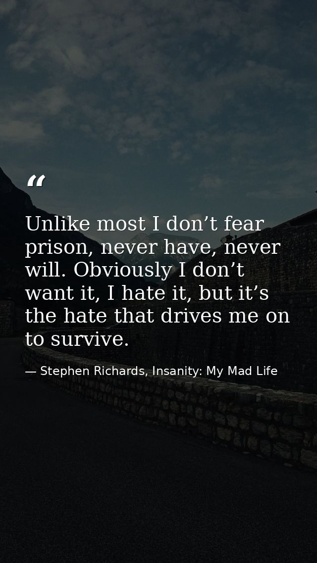 Unlike most I don’t fear prison, never have, never will. Obviously I don’t want it, I hate it, but it’s the hate that dr — Stephen Richards, Insanity: My Mad Life