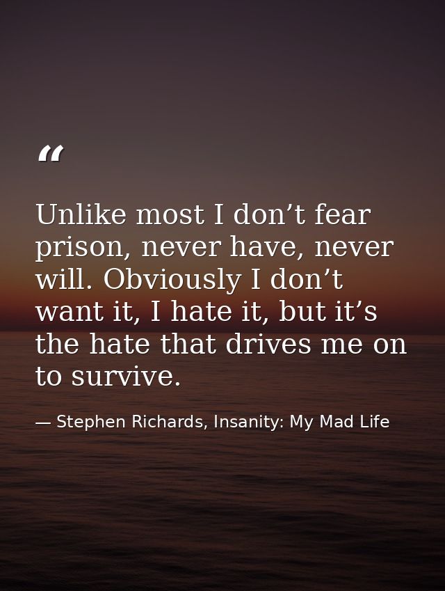 Unlike most I don’t fear prison, never have, never will. Obviously I don’t want it, I hate it, but it’s the hate that dr — Stephen Richards, Insanity: My Mad Life