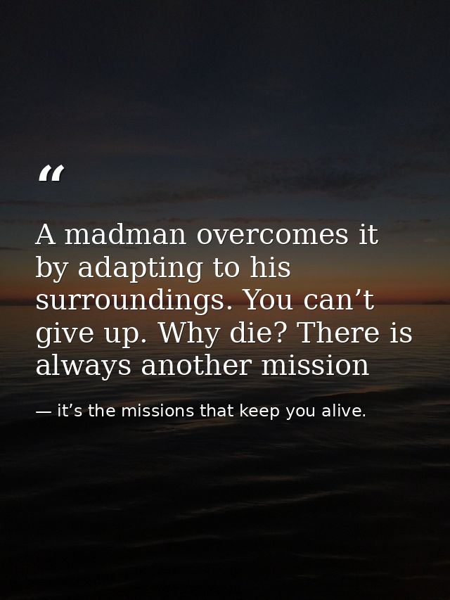 A madman overcomes it by adapting to his surroundings. You can’t give up. Why die? There is always another mission — it’s the missions that keep you alive.